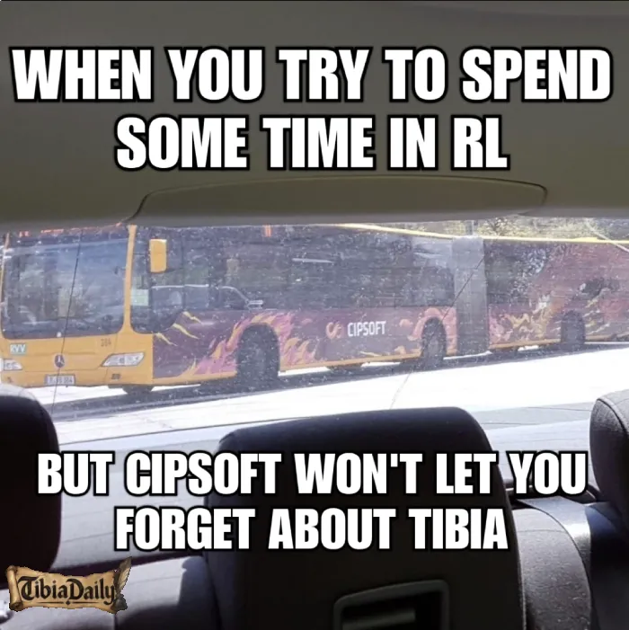 Meme: a CipSoft dragon bus seen through a car window, captioned “When you try to spend some time in RL, but CipSoft won’t let you forget about Tibia”