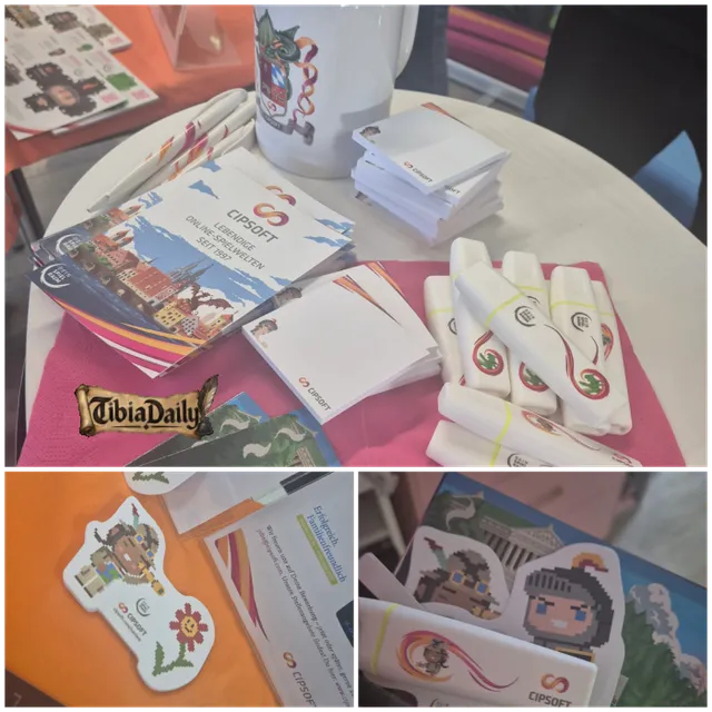 CipSoft stand at CONNECTA: brochures, notepads, highlighters and cardboard figures of the Knight and the Explorer.