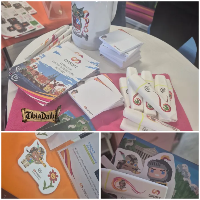 CipSoft stand at CONNECTA: brochures, notepads, highlighters and cardboard figures of the Knight and the Explorer.