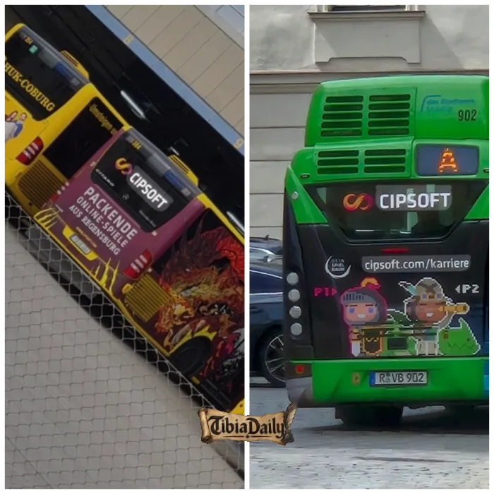 Two Regensburg city buses in CipSoft colours: one with a red dragon, the other with the Knight and the Explorer and the address cipsoft.com/karriere