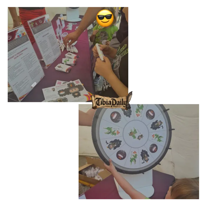 Children at a CipSoft stand picking up stickers and spinning a prize wheel with Tibia creatures