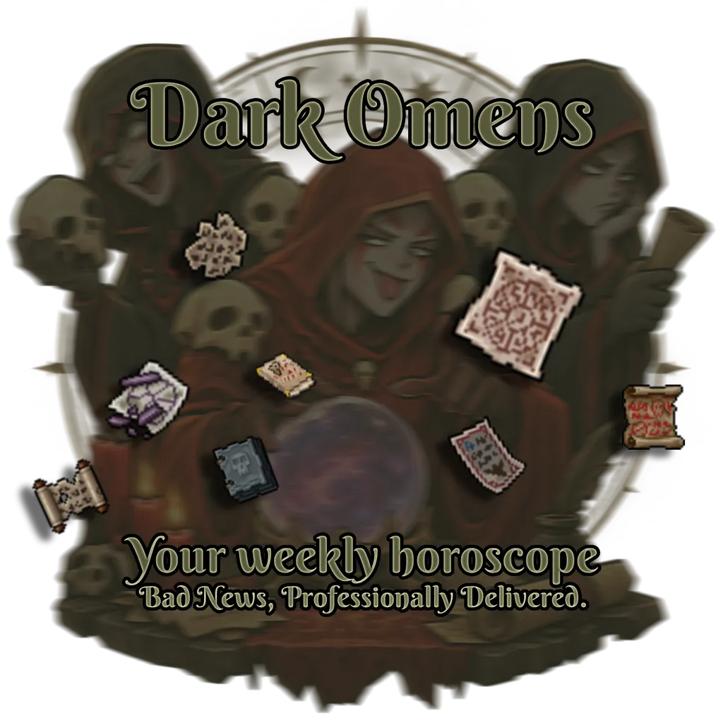 Dark Omens, your weekly horoscope: three hooded fortune tellers with skulls and a crystal ball, surrounded by scrolls, parchments and a spellbook from Tibia.
