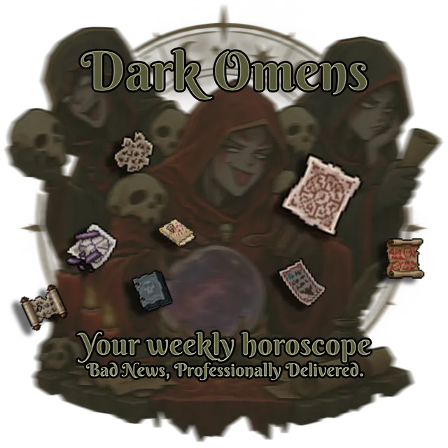 Dark Omens, your weekly horoscope: three hooded fortune tellers with skulls and a crystal ball, surrounded by scrolls, parchments and a spellbook from Tibia.