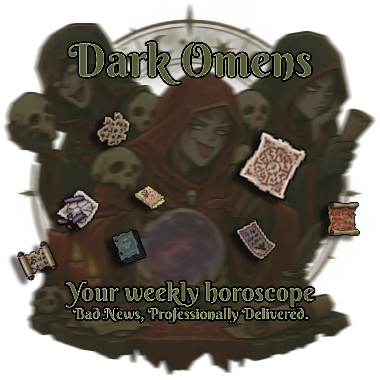 Dark Omens, your weekly horoscope: three hooded fortune tellers with skulls and a crystal ball, surrounded by scrolls, parchments and a spellbook from Tibia.