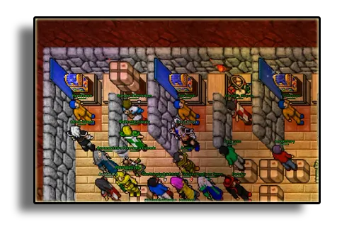 A crowded depot hall, with dozens of characters packed between the lockers.
