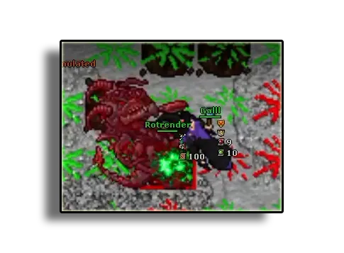 Rotrender, a hulking red demon, next to a player on green and red floor tiles.