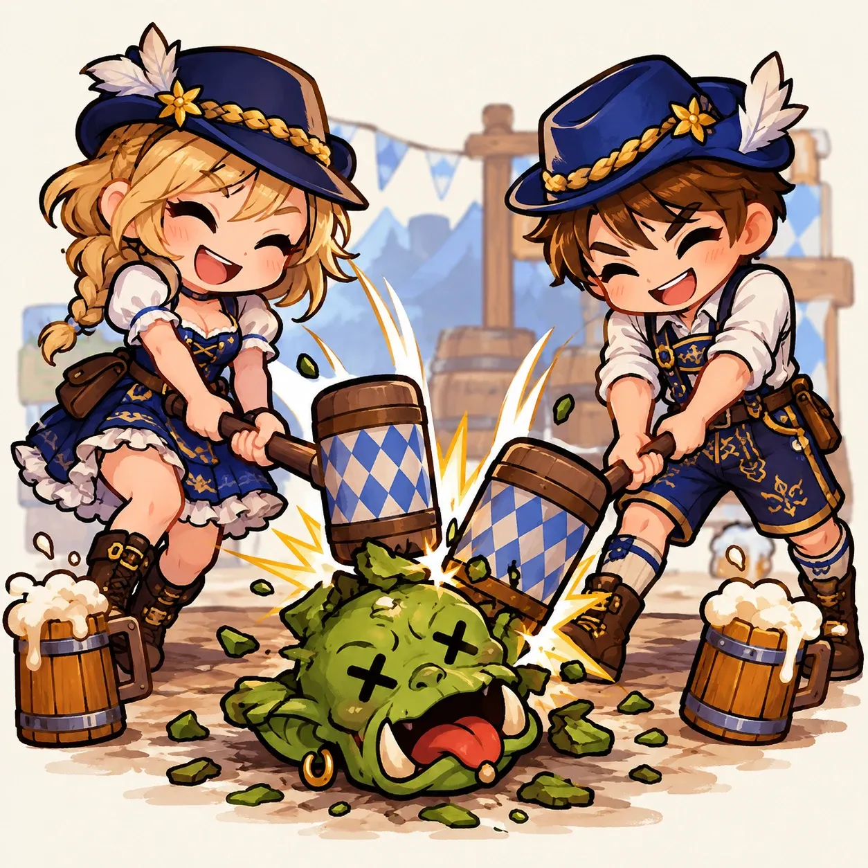 Two laughing Tibians in festival outfits smash a knocked-out orc with blue-and-white checkered mallets, mugs of beer standing on the ground.