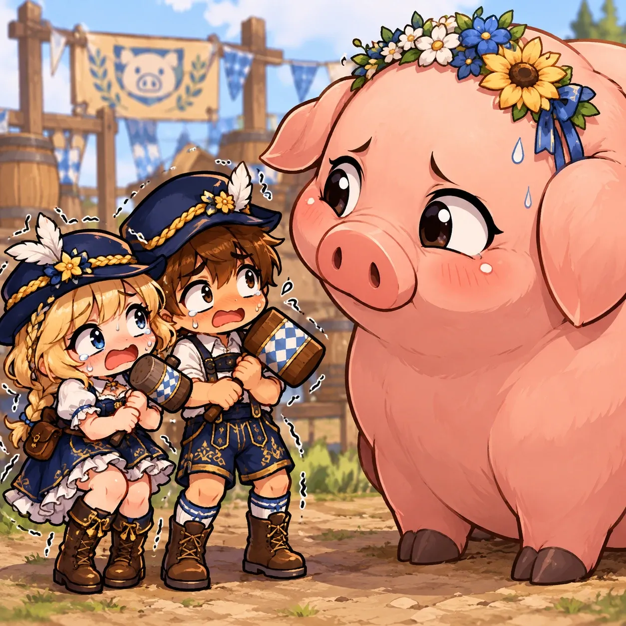 Two frightened Tibians in festival outfits clutch wooden mallets and stare up at a huge, nervous pig wearing a flower crown.