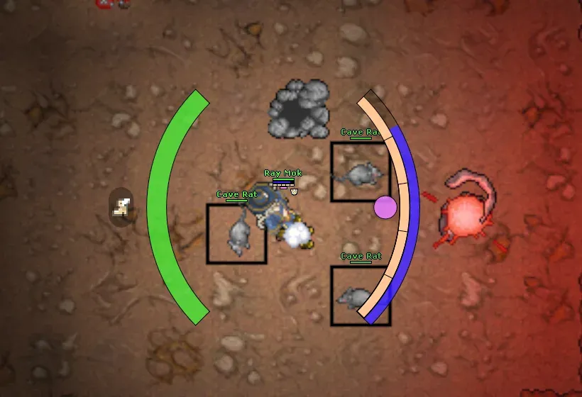 A character fighting cave rats in the cave by the Ankrahmun harbour, with a red Echo Raid rift glowing on the right.