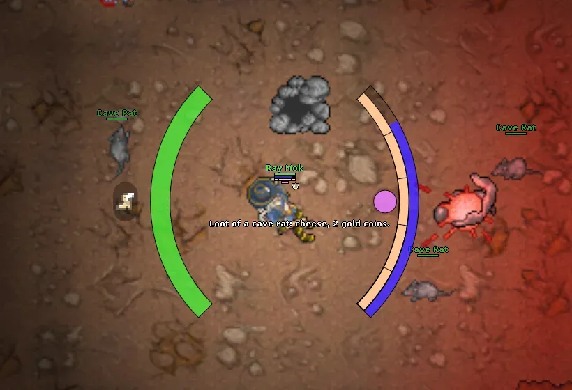A red Echo Raid rift in the cave, with a fresh group of cave rats around the character.