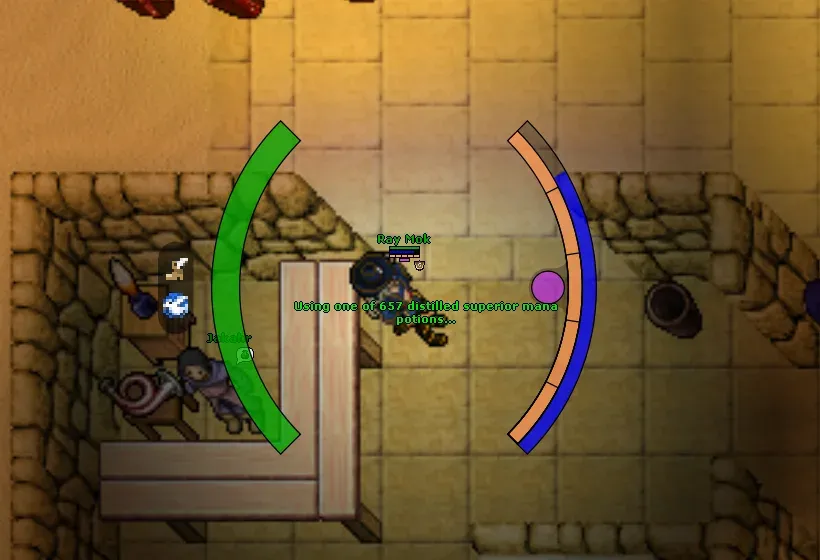 The character in the protection zone of the Ankrahmun tavern, drinking a mana potion.